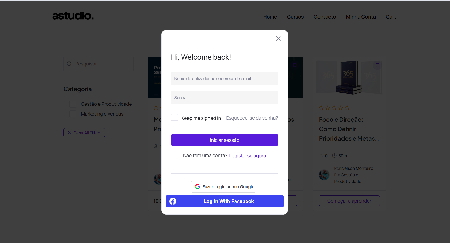 Ecrã de Login da Afrika Studio Academy