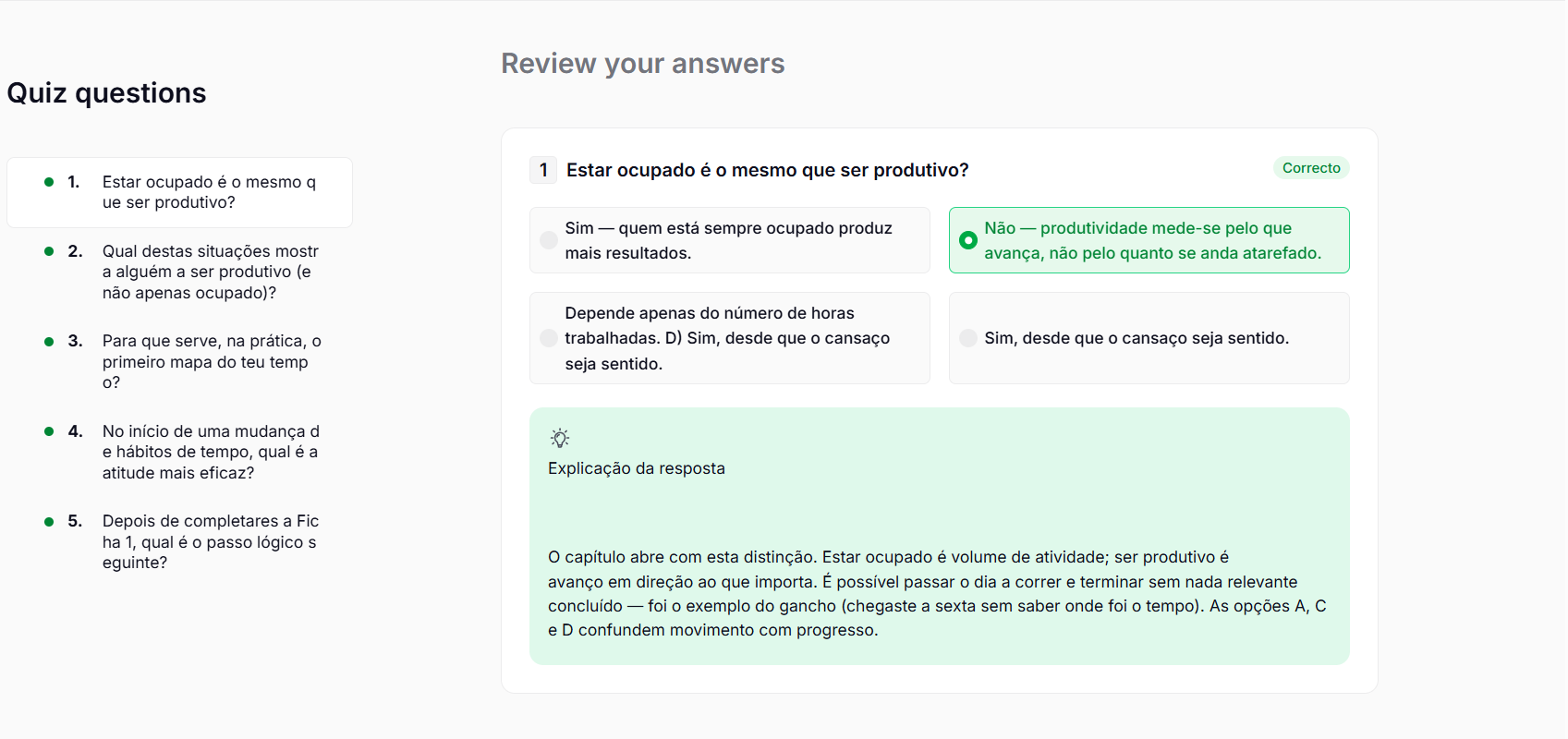 Revisão de respostas e explicações