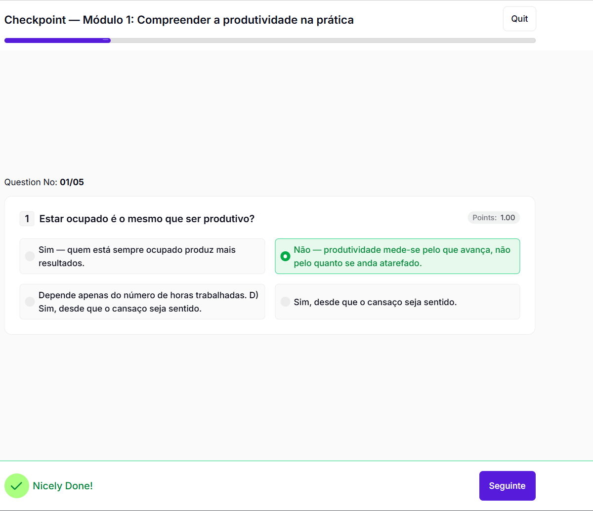 Ecrã de avaliação de módulo